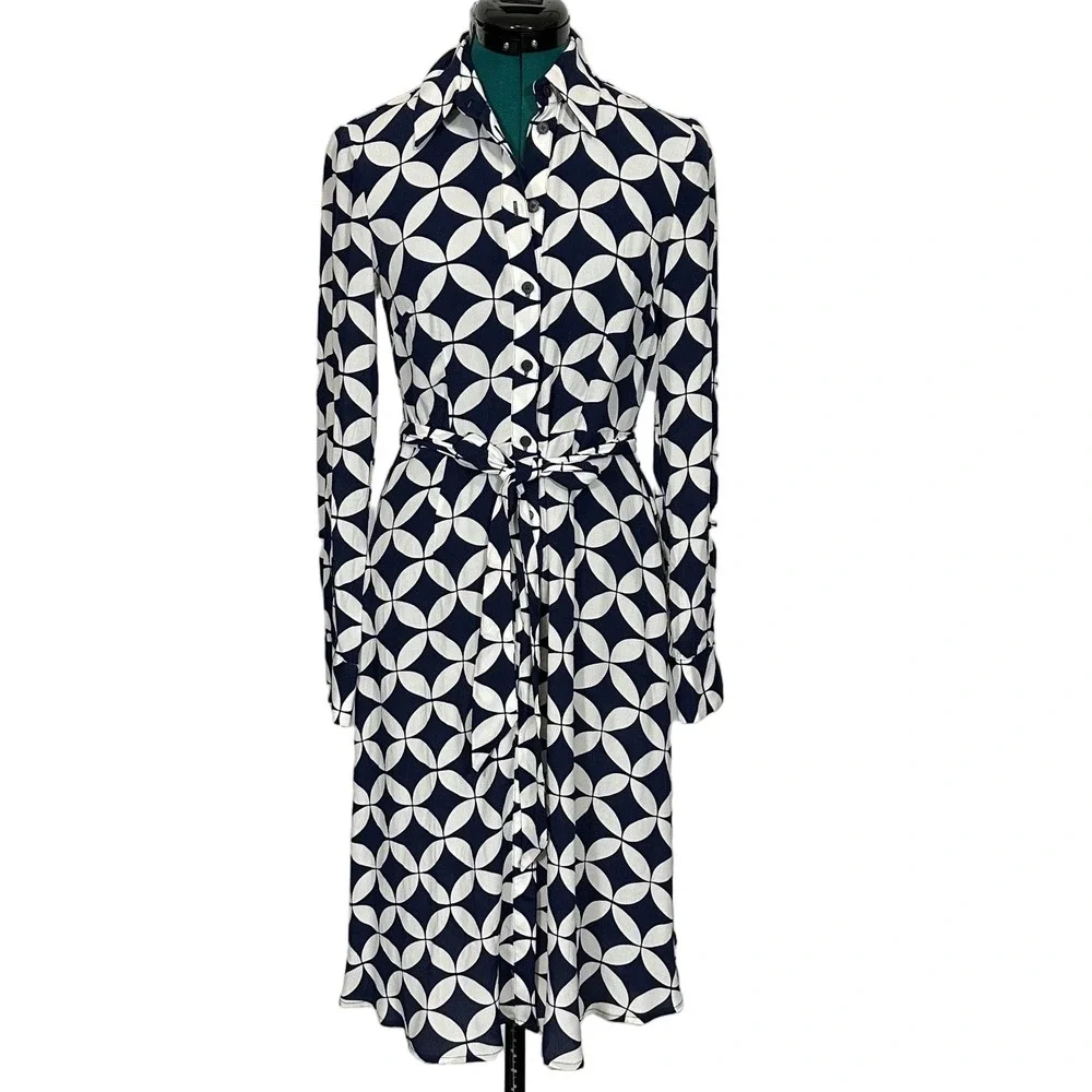 Boden Shirt Dress Geometric Petal Print 4R Navy White Belted Long Sleeve Midi - Picture 3 of 9